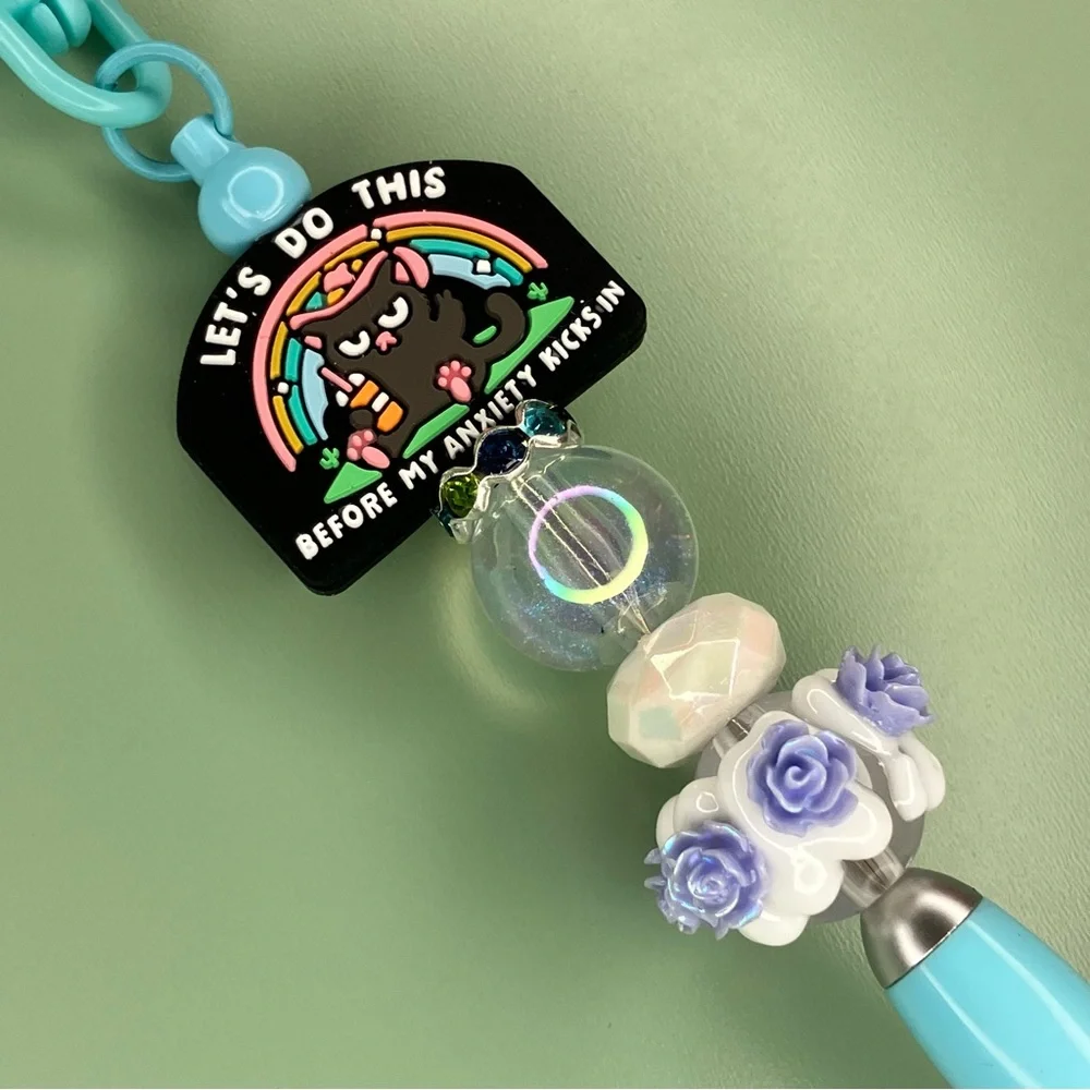 Cute Cat Anxiety Mental Health Floral Beaded Pen Keychain Handmade - Picture 2 of 4